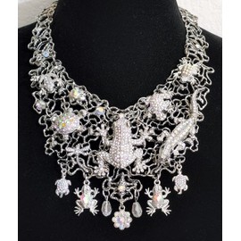 Sparkly Crystal Frogs Turtles Alligator Handmade Big Bib Necklace Earrings One of a Kind