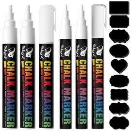 WISYOK 6pcs Chalk Pen with 45 Labels, Chalk Marker White, Whiteboard Marker White, White Wall Pens, Flip Chart Pens, Chalk Pens for Blackboard, Washable, 3 mm & 6 mm Reversible Tip