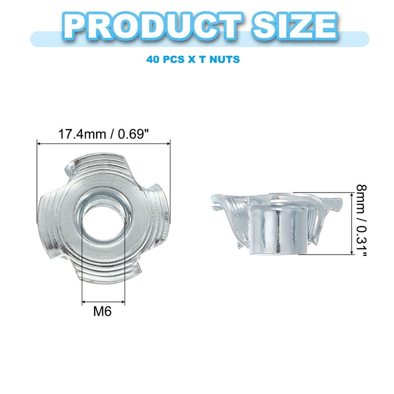 PATIKIL M6 T-Nuts, 40 Pcs Zinc Plated Steel 4-Pronged Tee