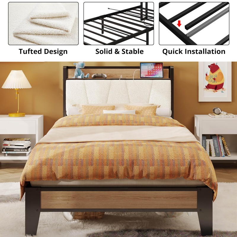 LIKIMIO Twin XL Bed Frames, Storage Headboard with Charging Station,