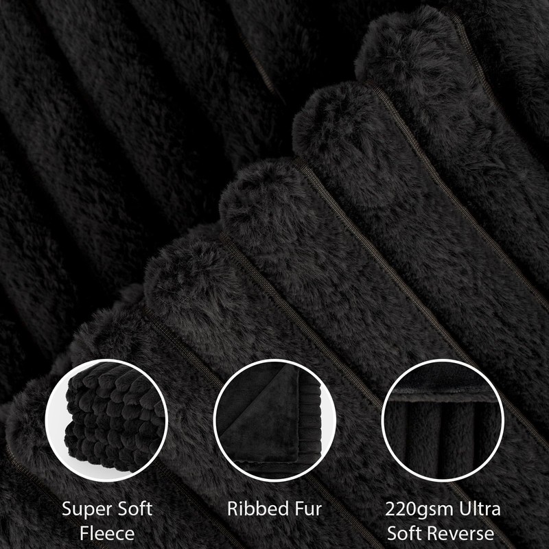 OHS Faux Fur Black Throw Blanket for Bed, Thick Soft