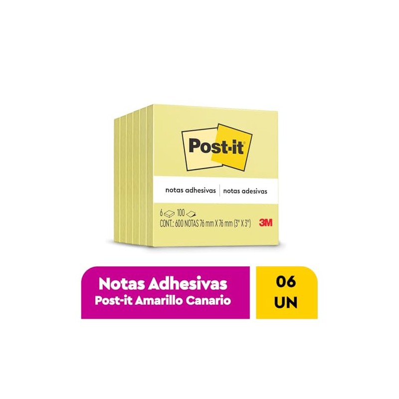 Post-it Notas Adhesivas, Color Amarillo Canario, 7.6cm x 7.6 cm,