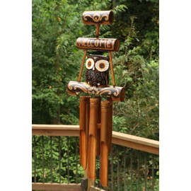 G6 COLLECTION Handmade Wooden Owl Bamboo Wind Chime Wood Statue Figurine Hoot Sculpture Art Decorative Rustic Patio Garden Outdoor Decor Handcrafted Decoration (Owl Welcome Sign Chime)