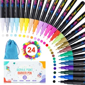Goffii Acrylic Pens for Stones Waterproof 24 Colour Stones Painting Acrylic Pens Fine Tip Paint Pens for Wood, Stone, Fabric, Canvas, Ceramics, Scrapbooking Accessories, Craft and Art Supplies