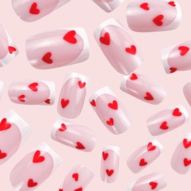 MERVF White French Tip Press on Nails Medium Fake Nails Red Heart Square Glue on Nails Press ons with Design Squoval Acrylic Nails 24pcs Glossy False Nails