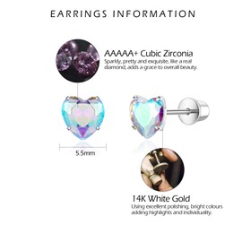 VYYU Cute Heart Earrings for Girls Women - Hypoallergenic Titanium Earrings with Screwback Back, Colorful Cubic Zirconia Studs Girls Jewellery Christmas Birthday Gifts for Daughter Granddaughter