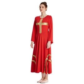 HIHCBF Women Praise Dance Cross Robe Bell Sleeve Worship Dresses Metallic Ruffles Wide Swing Liturgical Lyrical Costume Red L