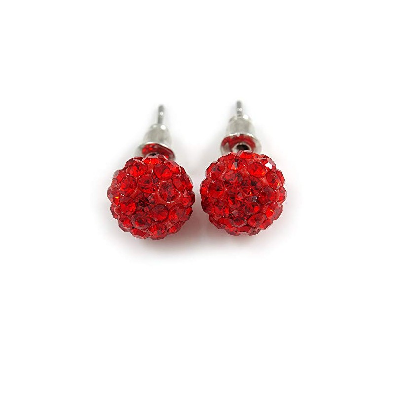10mm Red Crystal Ball Stud Earrings In Silver Tone