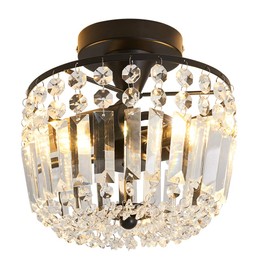 YYJLX Small Crystal Chandelier 2- Lights ，Modern Semi Flush Mount Ceiling Light Fixture for Hallway Kitchen Foyer （Black）