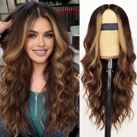 AISI HAIR Brown Highlight Wig for Women, Long Wavy Lace Hairline Middle Part Synthetic Heat Resistant Wig for Daily Party-26 Inch