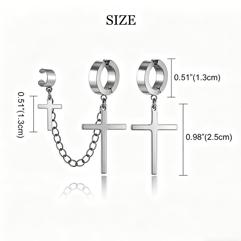 Unisex Gothic Silver Stainless Steel Non Pierced Asymmetrical Cross Dangle