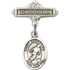 Sterling Silver Baby Badge with St. Sebastian/Soccer Charm and Godchild Badge Pin 1 X 5/8 inches