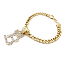 Icemond Rhinestone Studded Initial Pendant 18" Cuban Chain Fashion Costume Jewelry Necklace for Dogs Cats in Gold Tone (Gold - B)