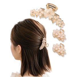 Toteca_h7-1 Hair Claw Set of 3 Hair Clips, Hair Accessories, Flowers, Pink, White, Gold, White, Easy, Korean Style, Graduation, Coming-of-Age Ceremonies, Recitals, Weddings, Invitations, School