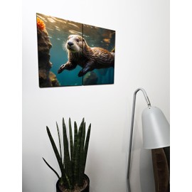 The Plum Penguin Tropical Sea Otter & Coral Reef Wooden Wall Art, A4 Double Set, Colourful Ocean Life Home Decor Canvas Alternative 40 x 30cm