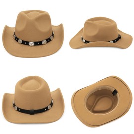 EOZY Women Men Western Cowboy Fedora Felt Hat Wide Brim Outdoor Cowgirl Hat with Belt Buckle Khaki