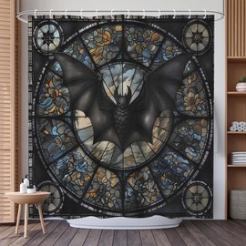 Printspree Vintage Gothic Bat Stained Glass Design Shower Curtain - Dark Floral Art Deco Bath Decor - Elegant Fabric Bathroom Decoration with 12 Hooks- 72x72 inches