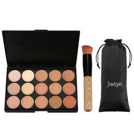 JewelryWe 15 Professional Warm Color Foundation Contour Concealer Camouflage Makeup Palette Face Contouring Kit with Cosmetic Brush