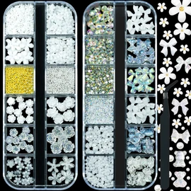 qiipii 2400pcs 3D Nail Art Kit Flower Nail Charms Resin Butterfly Bear Bow Charms White/Aurora Rose Golden Silver Metal Caviar Beads Half Pearls Rhinestones for Acrylic Nails Face Eyes Makeup Crafts