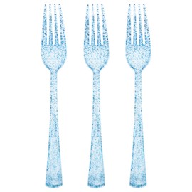 50 Pcs Blue Plastic Forks Blue Glitter Silverware Heavy Duty Plastic Utensils Disposable Cutlery Set for Brithday, Baby Shower, Picnic