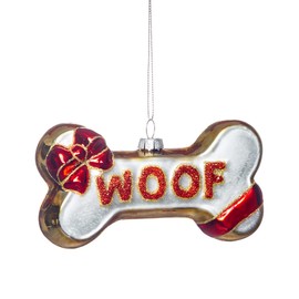 2 Pack Hand Blown Glass Dog Bone Ornaments for Christmas Tree, Hand Painted Glass Dog Christmas Ornaments, Super Cute Glass Woof Dog Christmas Ornament