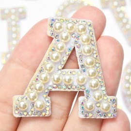 Jongdari Self Adhesive Pearl Glitter Rhinestone Letter Patches, 26Pcs Pearl Letter Stickers Iron on Letters for Clothing Crafts Bags Hats DIY Decors, A-Z Rhinestone Alphabet Letter Stickers (White)