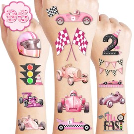 96 PCS Pink Race Car Pre-Cut Temporary Tattoos Birthday Party Decorations Supplies Favors Pink Two Fast One 1st Hot Checkered Decor Stickers Gifts For Boys Girls Classroom School Prizes Reward