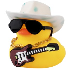 wonuu Rubber Duck Car Ornaments Guitar Duck Cool Car Accessories Car Dashboard Decorations with Cowboy Hat Necklace and Sunglasses, White&Blue