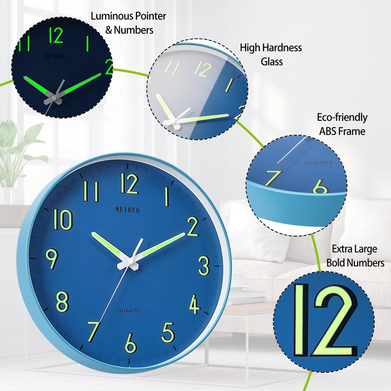 MEIRED Night Light Wall Clock 12 Inch Silent Non Ticking