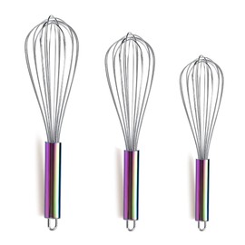 Berglander Rainbow Handle Whisk Pack of 3 Stainless Steel 8",10",12", Titianium Plating Colorful Handle Whisks for Cooking, Beater,Wire Whisk Set Kitchen Wisk (Rainbow Handle)