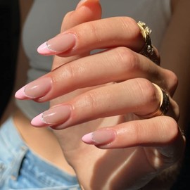 Pink French Press on Nails Almond, KXAMELIE Nude Medium Nails for Sticking Shiny Acrylic Press on Nails Gel Artificial Nails for Women and Girls Daily Use 12 Sizes 24 Pieces