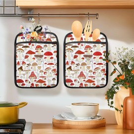 HUGANE Cottagecore Mushroom Pot Holders for Kitchen, Whimsical Enchanted Forest Mushroom Botanical Heat Resistant Hot Pads and Oven Mitts for Baking Cooking