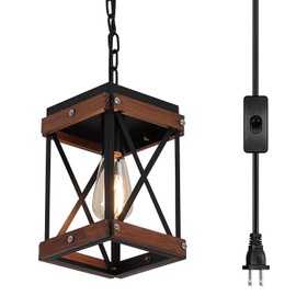 Fivess Lighting Rustic Farmhouse Plug in Pendant Light with 15ft Cord, On/Off Switch, Wood & Metal Cage Adjustable Chains Industrial Mini Hanging Fixture for Kitchen Island Sink Bar Farmhouse, Black