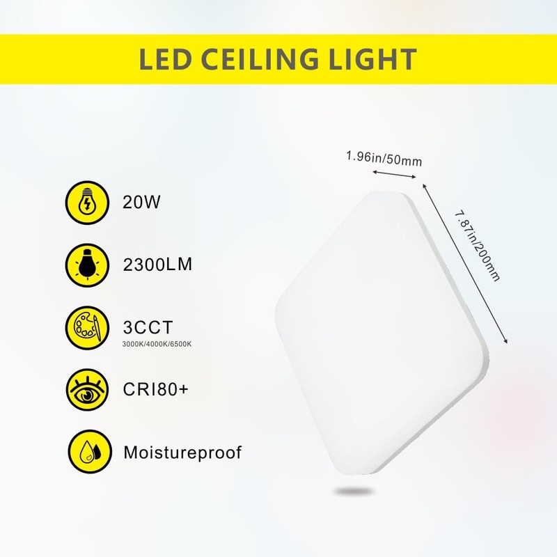 BrightFly LED Square Ceiling Light, 2300LM 20W, 3CCT (3000K/4000K/6500K) Bathroom