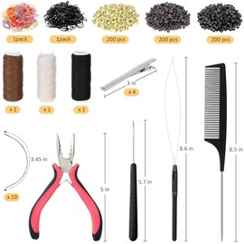 Kit de herramientas de extensión de cabello, 600 micro anillos forrados de silicona, 1 alicate, 2 bucles de tracción de aguja de gancho, 10 agujas cur