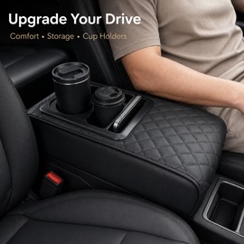 Car Center Console Armrest Cushion for Long Drives – Raised PU Leather Pad with Dual Cup Holders and Storage