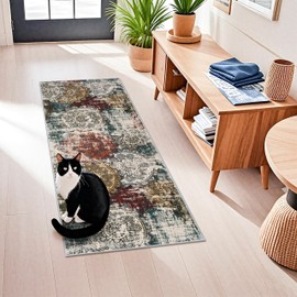 BYYVOO Rug Runner 2x5 Washable - Hallway Runners Abstract Non-Slip Pet Friendly Low Pile Rug Soft Indoor Floor Mat Front Door for Bedroom Entryway Laundry 2x5 Red Green Multi