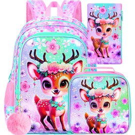 UFNDC 3PCS Girls Bookbag, 16" Kids Deer Backpack with Lunch Box, Water Resistant School Bag for Elementary Preschool Toddler