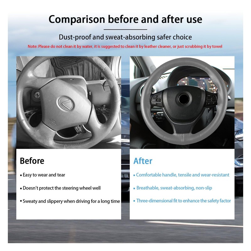Kewucn Genuine Leather Steering Wheel Cover, 15" Universal Car Steering