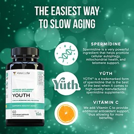Vitauthority Suplemento de Espermidina Pura de Absorción Mejorada - Suplemento Antienvejecimiento de Espermidina 3HCL Estandarizada al 99% para la Lon