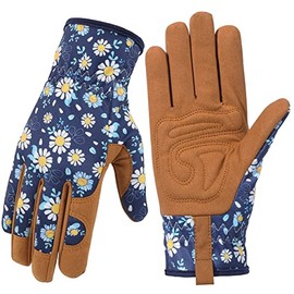 Granila Gardening Gloves for Women, Daisy Leather Work Garden Gloves Breathable Flexible Thorn Proof with Deerskin Suede for Weeding, Digging, Planting, Raking and Pruning for Yard Work（Blue and Brown）