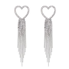 EVER FAITH Heart Tassel Dangle Earrings for Women, Rhinestone Crystal Long Waterfall Beaded Fringe Chandelier Drop Statement Wedding Jewelry Clear Silver-Tone