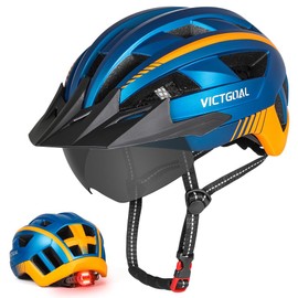 VICTGOAL Bike Helmet for Men Women with Led Light Detachable Magnetic Goggles Removable Sun Visor Mountain & Road Bicycle Helmets Adjustable Size Adult Cycling Helmets (XL: 59-63 cm, Blue)