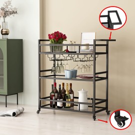 LORMITER Black Metal Bar Carts with 3 Tier Glass Shelves, Rolling Serving Bar Cart with Wine Rack and Glass Holder, Industrial Bar Carts & Wine Carts on Wheels for Kitchen, Indoor & Outdoor