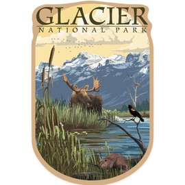 Die Cut Sticker Glacier National Park, Montana, Mountain and Marsh Scene, Contour Vinyl Sticker 3 to 6 inches, (Waterproof Decal for Cars, Water Bottles, Laptops, Coolers), Large