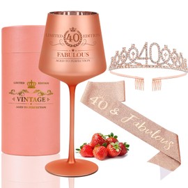 Cyrelwing 40TH Birthday Gifts for Women,Vintage Engraved 40th Wine Glass,40 Year Old Birthday Decorations For Her,40&Fabulous Sash and Tiara For Women,Friends,Sister-Turning 40th Party Favor Supplies