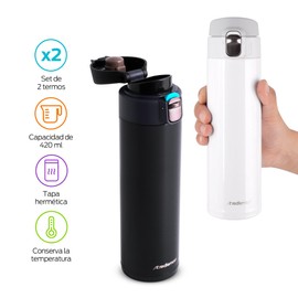 Redlemon Termo para Café de Acero Inoxidable 420 ml (2 Piezas). Set de 2 Vasos Térmicos de Doble Pared con Tapa Hermética, Bebidas Calientes Más de 5 Horas y Frías 6 Horas. Ideal para Agua, Té, Café