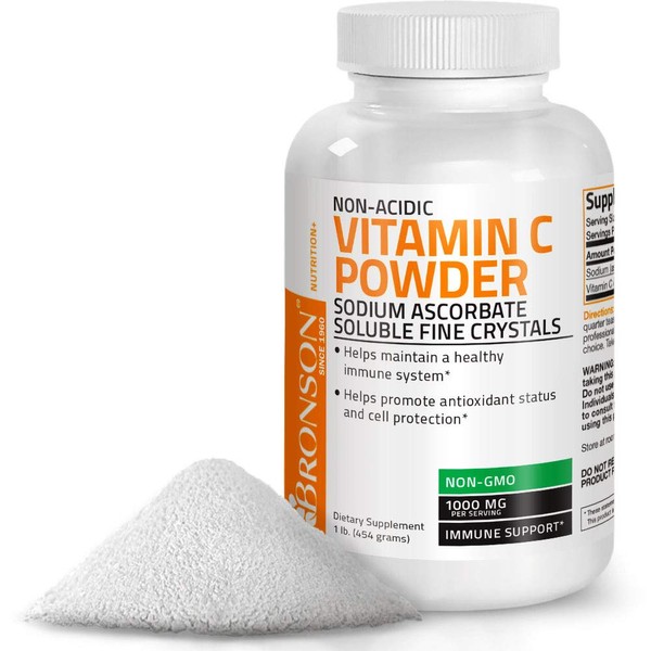 Non Acidic Vitamin C Powder Sodium Ascorbate Non GMO Soluble Fine Crystals - Healthy Immune System, Antioxidant and Cell Protection - 1 Pound (16 Oz, 454 Grams)
