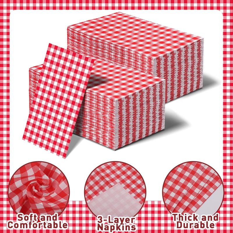 100 Pcs Red Gingham Napkins Disposable - Red and White