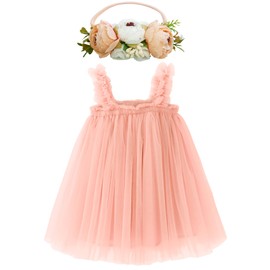 BGFKS Layered Tulle Tutu Dress for Toddler Girls,Baby Girl Rainbow Tutu Princess Skirt Set with Flower Headband.(Peach,12 Months)